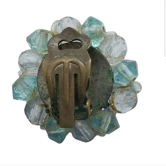 WEST GERMANY BLUE & AURORA BOREALIS GLASS BEAD CLUSTER CLIP ON EARRINGS - Picture 5 of 5